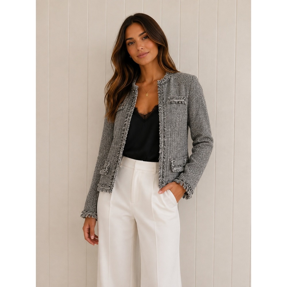 Metrostyle Women 20 Black White Tweed Fringe Open Front Blazer Jacket Plus Size